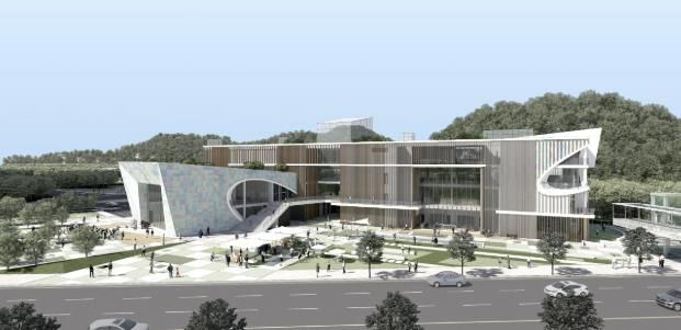 광명시 문화예술복합센터 및 공공도서관 건립 설계공모 조감도 선정작. 조감도의 중앙 주출입구를 기준으로 왼편이 문화예술복합센터, 오른편이 공공도서관.