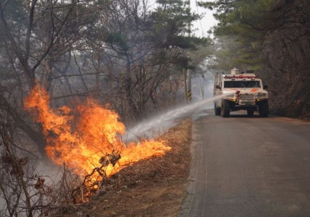 다목적 산불진화차 산불진화 장면(의성 산불현장)