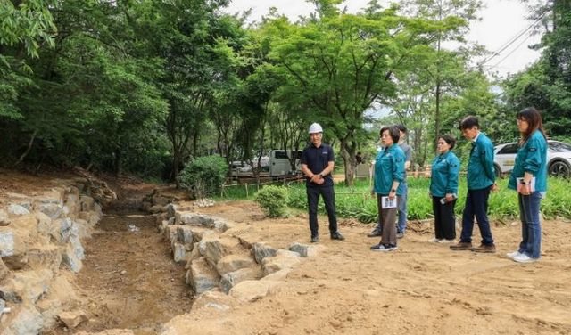 신계용 과천시장과 관계부서 공무원들이 문원 유아숲에서 하천을 점검 중이다