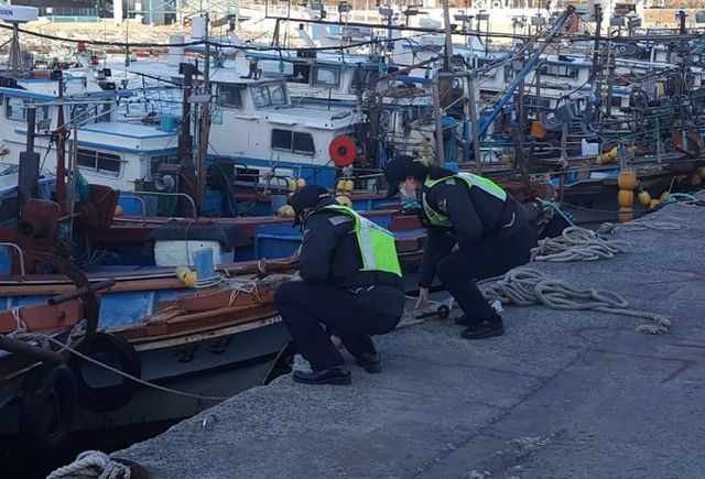 해경경찰관들이 기상악화에 대비하여 어선 등 선박 안전 상태를 점검하고 있다