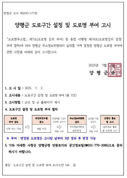 도로구간 설정 및 도로명 부여 고시문