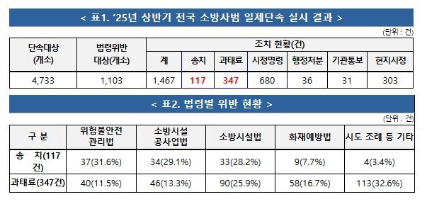 전국 소방사범 일제단속 실시 결과 및 법령별 위반 현황