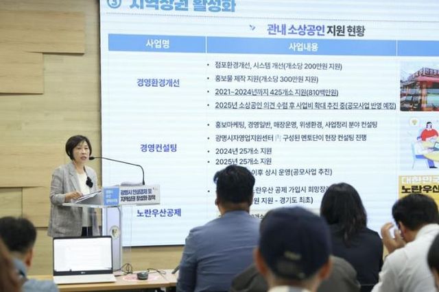 홍명희 경제문화국장이 12일 오전 시청 중회의실에서 '광명시 민생경제 및 지역상권 활성화 정책'을 주제로 브리핑을 하고 있다.