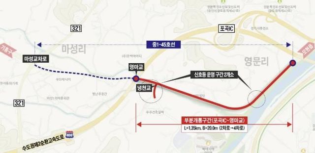 용인특례시 처인구 포곡읍 마성리 50-6번지와 영문리 2-93번지를 잇는 연결도로 중 일부 구간이 25일 우선 개통된다