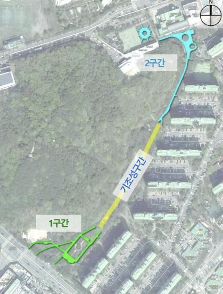 철망산근린공원 정비 공사 구간 위치도. 1구간과 2구간이 올해 정비 공사 대상 구간이다