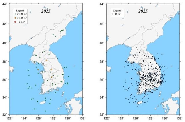 2025년 지진 발생 분포도(왼쪽: 규모 2.0 이상, 오른쪽: 규모 2.0 미만)