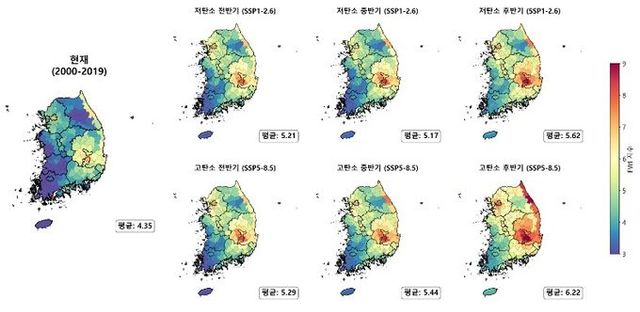 시나리오 경로별 우리나라 봄철 평균 산불기상지수 미래전망 분포