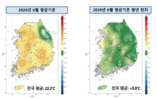 2026년 6월 전국 평균기온 및 평년 대비 편차 분포도