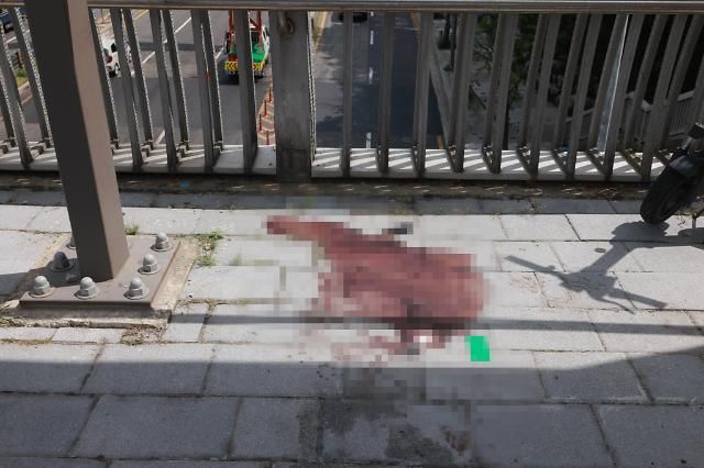 4일 오전 경기도 성남시 분당구 서현역 인근 인도에 지난 밤 벌어진 차량 돌진 사고로 인한 혈흔 자국이 남아 있다 지난 3일 저녁 경기 분당에서 남성 최모씨22가 경차를 몰고 인도로 돌진해 보행자를 들이받은 후 서현역과 연결된 백화점에서 흉기난동을 부려 14명이 다쳤다 20230804사진유대길 기자 dbeorlf123ajunewscom