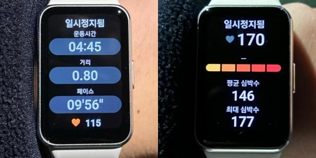 운동 도중 잠시 휴식을 취할 경우 자동으로 일시 정지모드로 전환된다 일시 정지모드의 세부 화면이다 사진김민우 기자