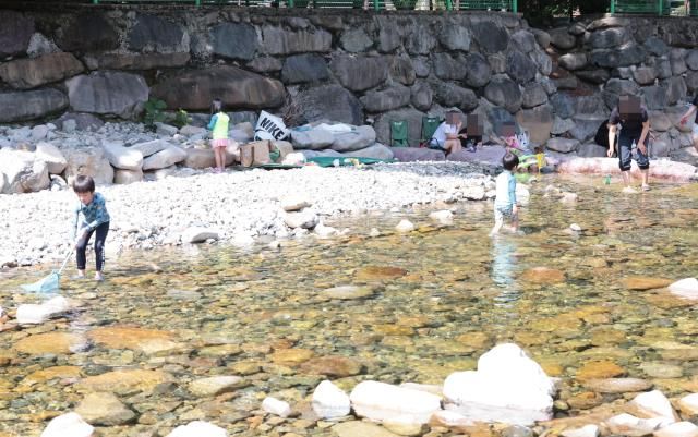 폭염주의보가 내려진 10일 오후 경남 김해시 대청동 장유대청계곡에서 한 가족이 피서를 즐기고 있다 폭염주의보는 일 최고 체감온도가 33도 이상인 상황이 이틀 이상 지속할 것으로 예상되면 내려진다 사진연합뉴스