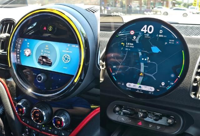 좌MINI 컨트리맨 기존 모델 실내 모습원형 프레임에 사각형 LCD가 기본 정보를 표시하고 있는 모습 우 신형 뉴 MINI 컨트리맨에 적용된 원형 OLED 디스플레이프레임뿐 아니라 디스플레이 자체가 원형으로 기존 화면보다 훨씬 커졌다사진한지연 기자