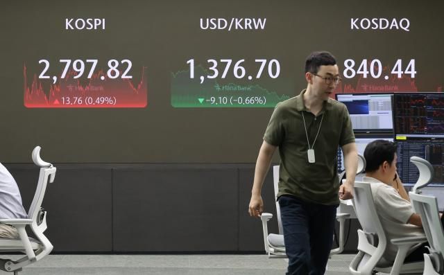 서울 중구 하나은행 본점 딜링룸 현황판에 증시가 표시돼 있다 지난 28일 코스피는 1376p049 오른 279782로 마감했다 사진연합뉴스