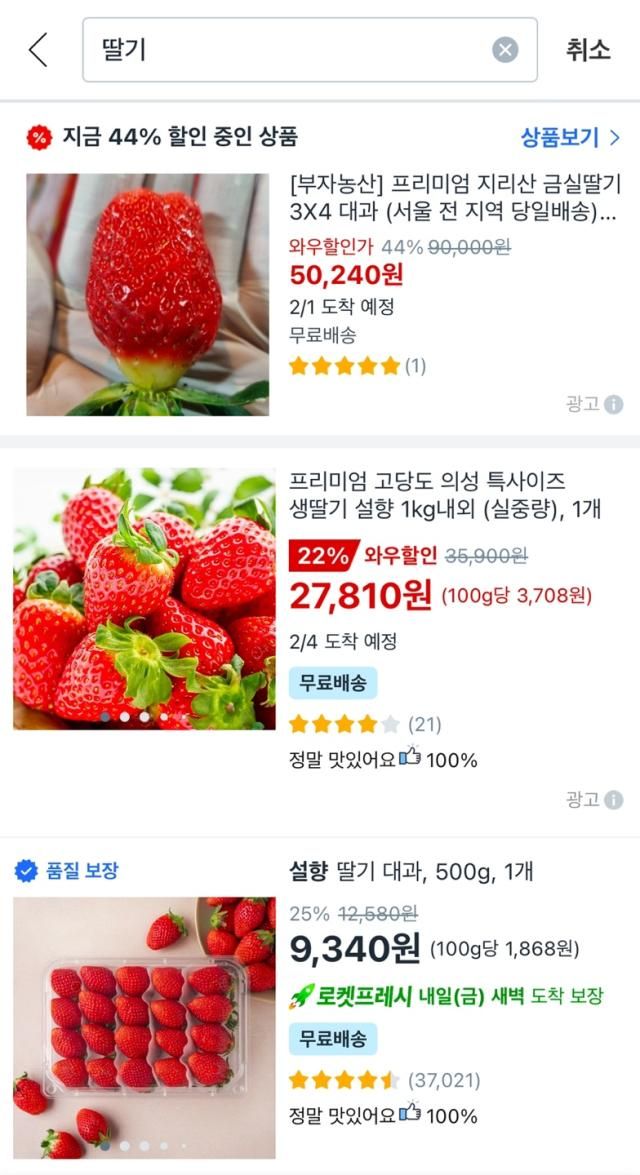 쿠팡에서 겨울 제철 식재료인 딸기를 검색했을 때 나오는 화면 캡처 사진쿠팡