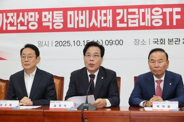 송언석 국민의힘 원내대표가 15일 서울 여의도 국회에서 열린 국가전산망 먹통 마비 사태 긴급 대응 TF 임명장 수여식에서 발언하고 있다 사진연합뉴스