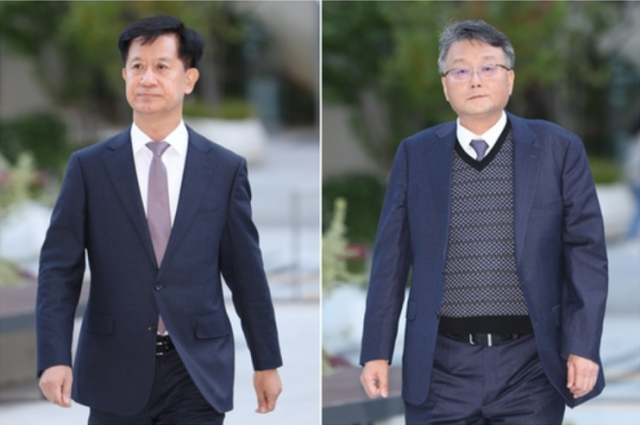 김건희 여사 관련 의혹들을 수사하는 민중기 특별검사팀 새 특검보인 박노수왼쪽·김경호 변호사가 27일 오전 서울 광화문 KT 빌딩 사무실로 출근하고 있다 사진연합뉴스