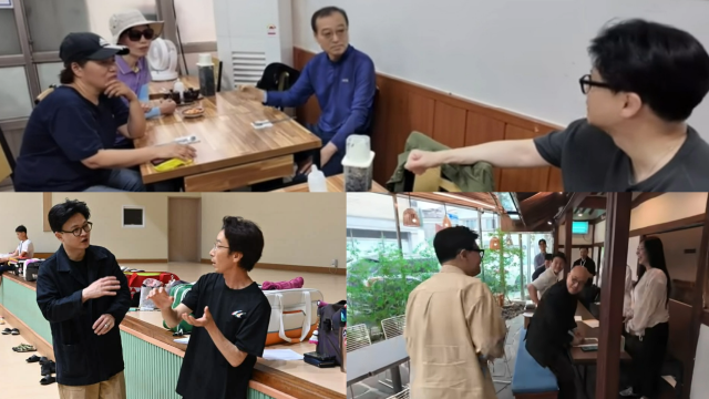 위쪽 한동훈 전 국민의힘 대표가 경남 고성 시장 장터국수에서 시민들과 대화를 나누고 있다 아래 왼쪽 한 전 대표가 통영 배드민턴 동호회원들을 만나고 있다 오른쪽 한 전 대표가 창원 청년창업가들을 만나고 있다 사진한동훈 페이스북 캡쳐