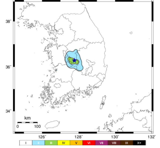 8일 충북 옥천에서 발생한 지진의 계기진도 정보 지도 사진기상청