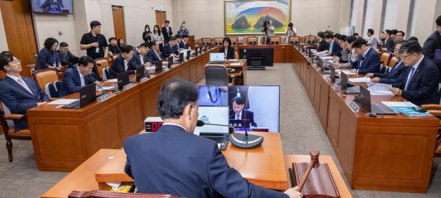 윤한홍 국회 정무위원회 위원장이 29일 국회에서 열린 정무위 전체 회의에서 2025년도 국정감사 증인 등 출석요구의 건을 처리하고 있다 