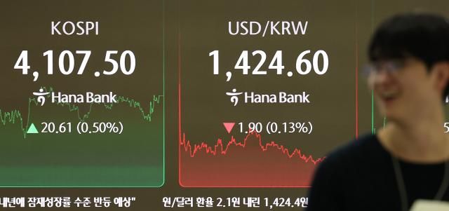 지난달 31일 코스피가 사흘째 올라 사상 첫 4100대에서 거래를 마쳤다 서울 중구 하나은행 본점 딜링룸 현황판에 종가가 표시돼 있다 사진연합뉴스