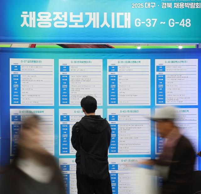지난 5일 대구 북구 엑스코에서 열린 2025 대구·경북 채용박람회에서 구직자들이 채용정보를 살펴보고 있다사진연합뉴스