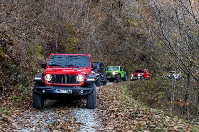 강원도 정선군 병방산 국립공원 트레킹 코스를 달리고 있는 지프 랭글러 루비콘 사진스텔란티스