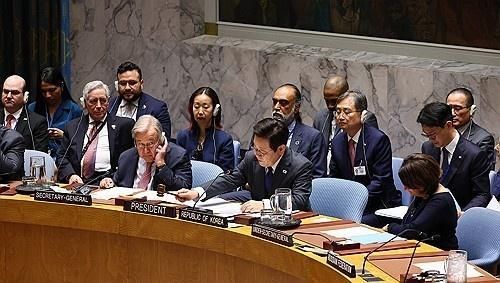 이재명 대통령이 지난 9월 24일현지시간 미국 뉴욕 유엔본부에서 열린 안전보장이사회 공개 토의에서 개회 선언을 하고 있다 사진연합뉴스 