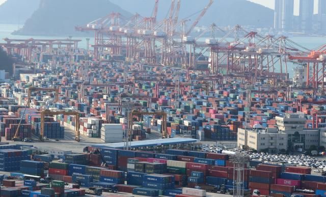 도널드 트럼프 미국 대통령이 캐나다 멕시코 중국에 대한 관세 부과로 한국도 트럼프 관세 전쟁의 영향권에 있다는 우려가 가시화하고 있다 사진은 지난 2월 3일 오전 부산항 신선대부두에 수출입 화물이 쌓여있는 모습 사진연합뉴스