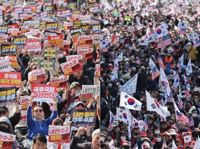 15일 서울 곳곳에서 윤석열 대통령 탄핵 찬반 집회가 열리고 있다 왼쪽은 서울 종로구 경복궁 동십자각에서 윤석열 즉각퇴진·사회대개혁 비상행동비상행동이 연 15차 범시민 대행진 오른쪽은 서울 세종대로에서 대한민국바로세우기운동본부가 연 광화문 국민대회 사진연합뉴스