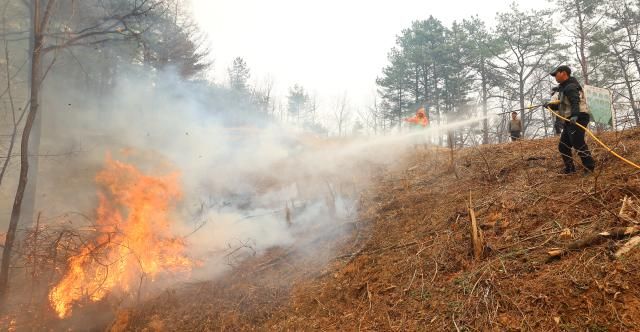  26일 경북 영양군 입암면 방전리 야산에서 입암면 의용소방대원이 산불 진화 작업을 벌이고 있다 