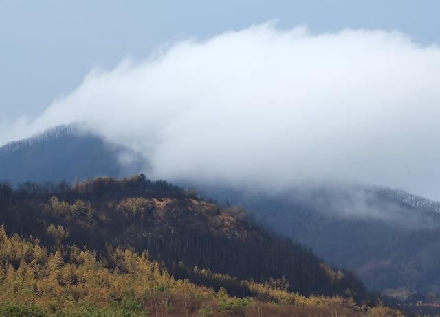 28일 오후 경북 청송군에 검게 탄 야산 위로 비구름이 짙게 깔려 있다 이날 비구름이 북동진하면서 5개 경북 시·군의 산불 주불을 차례로 껐다사진연합뉴스