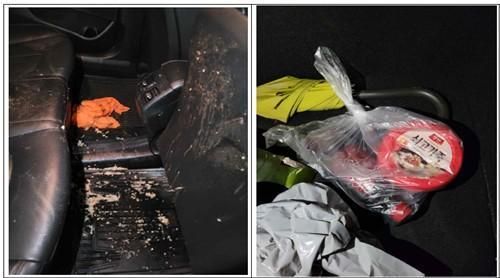 택시 뒷좌석에 토사물 뿌려 놓은 모습 트렁크에서 보관하고 있던 쇠고기죽과 커피 사진서울경찰청