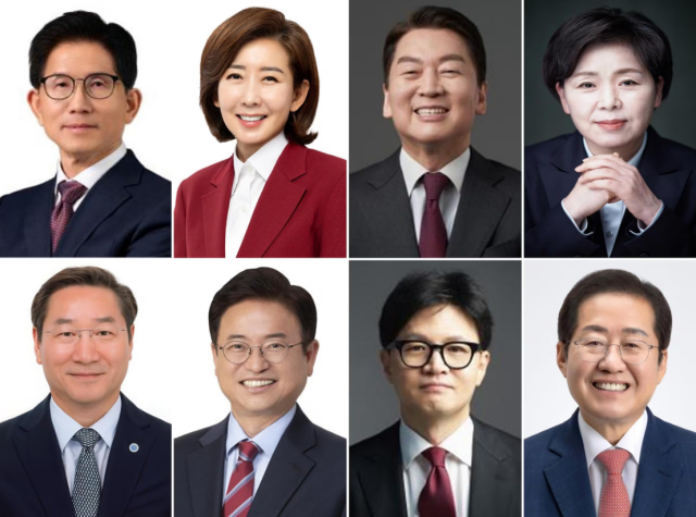 국민의힘의 제21대 대통령선거 후보를 뽑는 경선에 나서는 후보들 가나다순으로 윗줄 왼쪽부터김문수 전 고용노동부 장관 나경원 의원 안철수 의원 양향자 전 의원 아랫줄 왼쪽부터유정복 인천시장 이철우 경북도지사 한동훈 전 대표 홍준표 전 대구시장 사진국민의힘