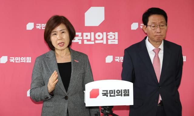 김미애 국민의힘 국회 보건복지위원회 간사왼쪽와 김상훈 정책위의장이 지난달 18일 국회에서 연금개혁특별위원회의 여야 논의 과정 등 진행상황을 백브리핑을 통해 설명하고 있다 사진연합뉴스