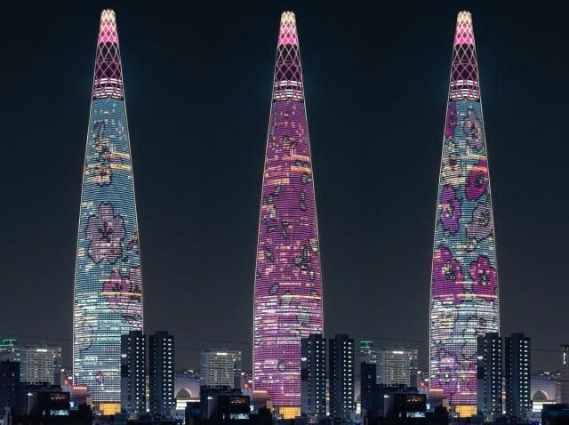 롯데월드타워 외벽 미디어파사드에 벚꽃 콘텐츠가 송출된다 사진롯데물산