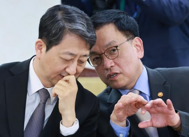 최상목 경제부총리 겸 기획재정부 장관오른쪽과 안덕근 산업통상자원부 장관이 21일 정부서울청사에서 열린 경제안보전략 태스크포스TF 회의에 참석해 대화하고 있다 사진연합뉴스
