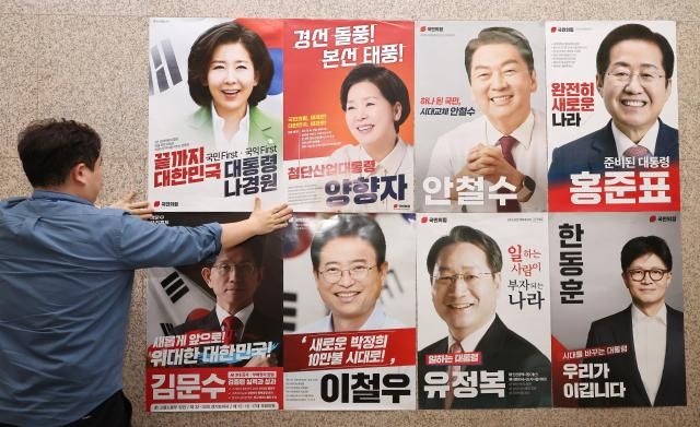20일 서울 여의도 국회 본청 국민의힘 사무실 앞에 당 관계자가 대선 경선 후보자 포스터를 붙이고 있다사진연합뉴스