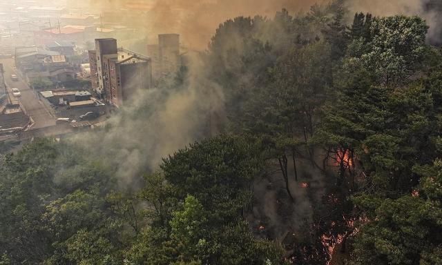 28일 오후 2시 1분께 대구 북구 노곡동 함지산에서 발생한 산불이 인근인 조야동 민가까지 확산하고 있다 사진연합뉴스