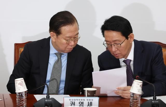 권영세 국민의힘 비상대책위원장과 김상훈 정책위의장오른쪽이 24일 국회에서 열린 비상대책위원회의에서 대화하고 있다 사진연합뉴스