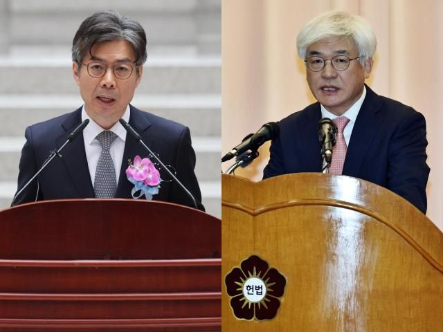 마용주 대법관왼쪽과 마은혁 헌법재판관오른쪽이 9일 각각 대법원과 헌법재판소에서 취임식을 가졌다 사진연합뉴스