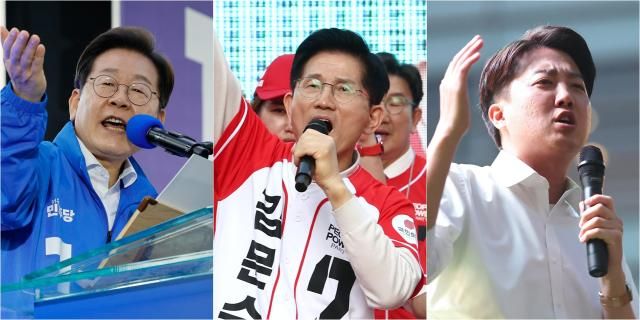 제21대 대통령 선출을 위한 공식 선거운동이 시작된 12일 더불어민주당 이재명 대선 후보사진 왼쪽부터가 대전 으능정이거리 스카이로드에서 국민의힘 김문수 대선 후보가 대구 서문시장에서 개혁신당 이준석 대선 후보가 서울 청계광장에서 지지를 호소하는 연설을 하고 있다 2025512 사진연합뉴스