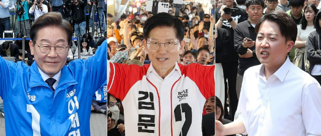 제21대 대통령 선출을 위한 공식 선거운동 이틀째인 13일 더불어민주당 이재명 대선 후보사진 왼쪽부터가 대구광역시 동성로 거리에서 국민의힘 김문수 대선 후보가 울산 남구 신정시장에서 개혁신당 이준석 대선 후보가 대구 경북대학교에서 집중 유세를 하고 있다 사진연합뉴스