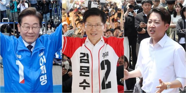 지난 13일 더불어민주당 이재명 대선 후보사진 왼쪽부터가 대구광역시 동성로 거리에서 국민의힘 김문수 대선 후보가 울산 남구 신정시장에서 개혁신당 이준석 대선 후보가 대구 경북대학교에서 집중 유세를 하고 있다 사진연합뉴스