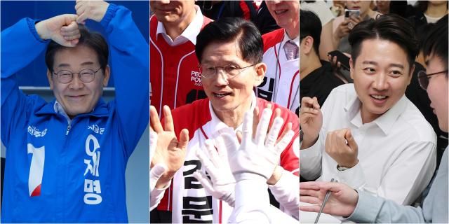 지난 14일 이재명 더불어민주당 대선 후보사진 왼쪽부터가 부산진구 서면에서 김문수 국민의힘 대선 후보가 경남 진주시 진주광미사거리에서 이준석 개혁신당 대선 후보가 부산 금정구 부산대학교에서 시민들과 소통하고 있다 사진연합뉴스