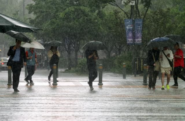 비가 내린 16일 서울 광화문광장 인근에서 시민들이 우산을 쓴 채 이동하고 있다 2025516 사진연합뉴스