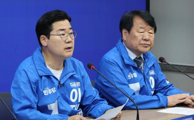 더불어민주당 상임총괄선대위원장인 박찬대 대표 직무대행 겸 원내대표가 19일 서울 여의도 당사에서 열린 중앙선거대책위원회의에서 발언하고 있다 사진연합뉴스