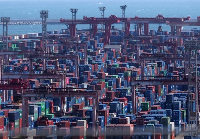 Containers stacked at Busan Port Yonhap