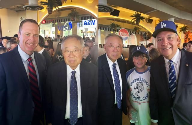  류진 한국경제인협회 회장이 10일미 워싱턴 현지시각 기준 워싱턴DC에서 美 의회 자선야구대회 공식 리셉션에 참석해 미국 주요 상·하원 의원들을 대상으로 한국 기업의 대미 투자 성과와 조선·에너지 등 한·미 유망 협력 분야 경쟁력을 소개했다 이날 공식 리셉션에는 텍사스 조지아 테네시 인디애나 아이오와 등 한국 기업의 대규모 투자가 이뤄지고 있는 지역을 포함해 25개 주 상·하원 의원 69명이 참석했다 사진 왼쪽부터 에릭 슈미트 상원의원공화·미주리 알렉스 파디야 상원의원민주·캘리포니아