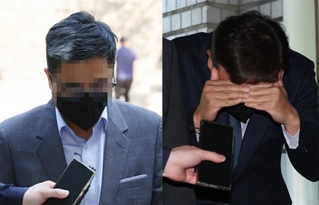 수백억원대 부당대출 의혹을 받고 있는 IBK기업은행 직원 조모씨왼쪽와 전직 직원 김모씨가 11일 영장실질심사를 받기 위해 서울 서초동 서울중앙지법에 출석하고 있다사진연합뉴스