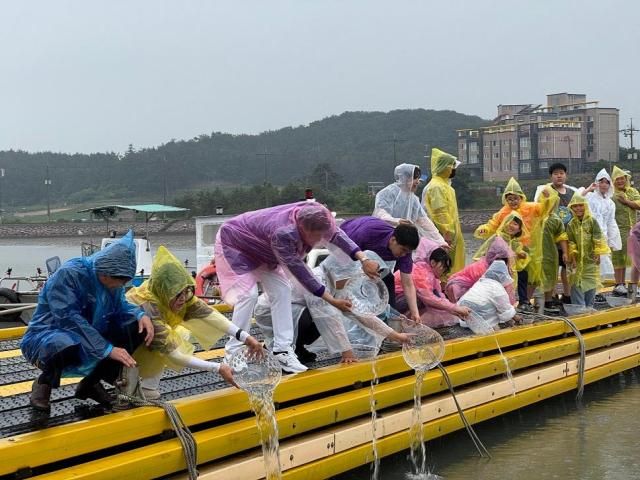 14일 진행된 숭어 치어 방류 행사에서 지도초등학교 학생들이 부잔교물 위에 떠 있는 구조물 위에서 직접 참여하는 과정에서 구명조끼 착용 등의 안전장비가 마련되지 않고 진행하고 있다사진신안군